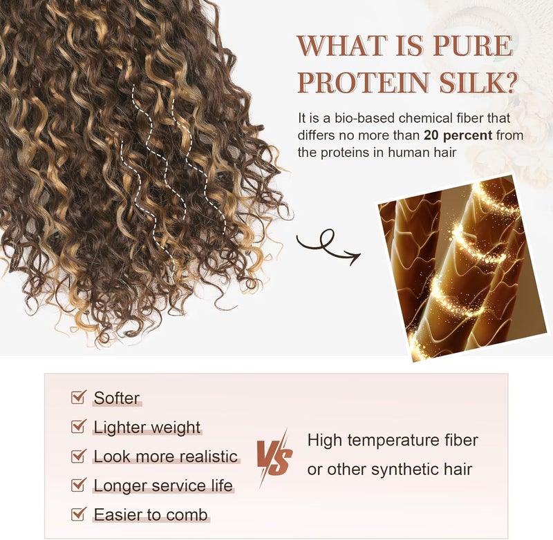 Flufymooz Clip in Hair Extensions, 4PC 100％ Pure Protein Silk Hair Extensions Long Soft Natural Hairpiece 20 Inch Curly Hairpiece for Women (Dark Golden Brown with Highlight) - Image 3