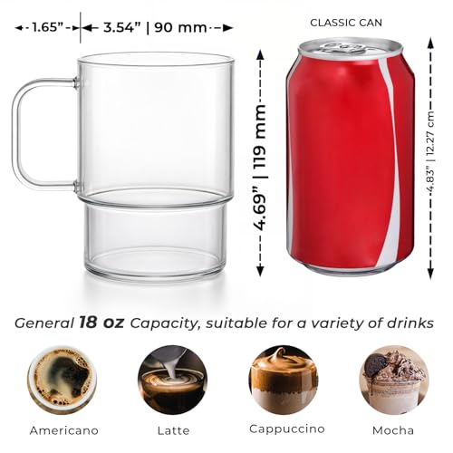 Aquach 18oz Stackable Glass Mugs with Handle, Set of 2 - Large Clear Coffee Cups for Latte, Cappuccino, Mocha, Americano, and Tea - Image 5
