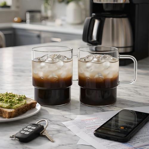 Aquach 18oz Stackable Glass Mugs with Handle, Set of 2 - Large Clear Coffee Cups for Latte, Cappuccino, Mocha, Americano, and Tea - Image 2