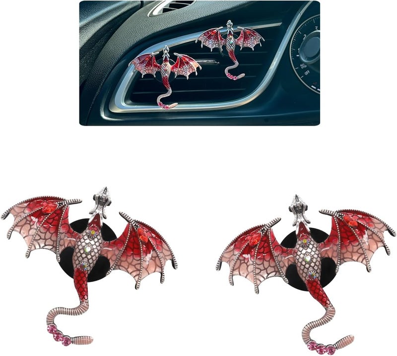 ORIESSE Red Bling Dragon Car Air Freshener Vent Clips - 2pcs Alloy Red Enamel Wyvern Dragon Accessories - Image 1