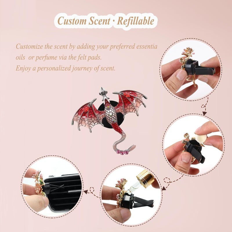 ORIESSE Red Bling Dragon Car Air Freshener Vent Clips - 2pcs Alloy Red Enamel Wyvern Dragon Accessories - Image 4