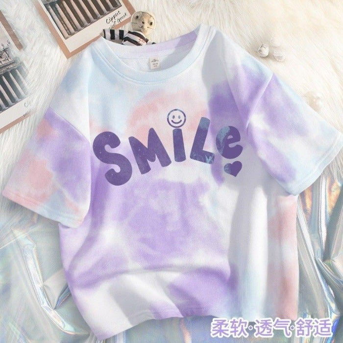 Girls' Short-Sleeved Ice Silk T-Shirt 2026 Style Kidsren'S Stylish Tie-Dye Summer Korean Style Loose Top For Older Kidsren - Image 1