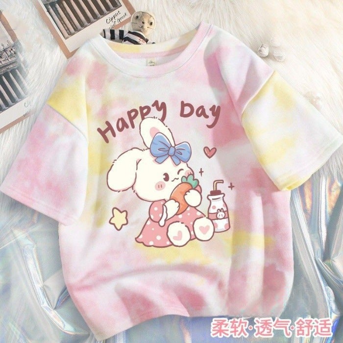 Girls' Short-Sleeved Ice Silk T-Shirt 2026 Style Kidsren'S Stylish Tie-Dye Summer Korean Style Loose Top For Older Kidsren - Image 3