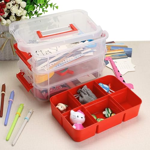 HOLLIO plastic boxes for Storage transparent boxes for storage, Portable & Stackable Space Saving Organiser with Lid for Medicine, Jewelry, Arts & Crafts, Buttons, Beads (Red, 3 TIER WITH 1 TRAY) - Image 4