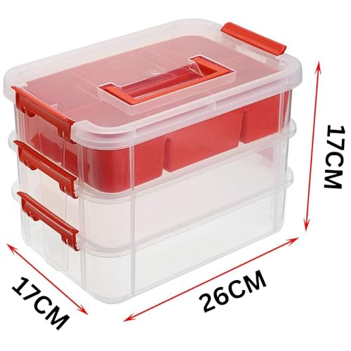 HOLLIO plastic boxes for Storage transparent boxes for storage, Portable & Stackable Space Saving Organiser with Lid for Medicine, Jewelry, Arts & Crafts, Buttons, Beads (Red, 3 TIER WITH 1 TRAY) - Image 2