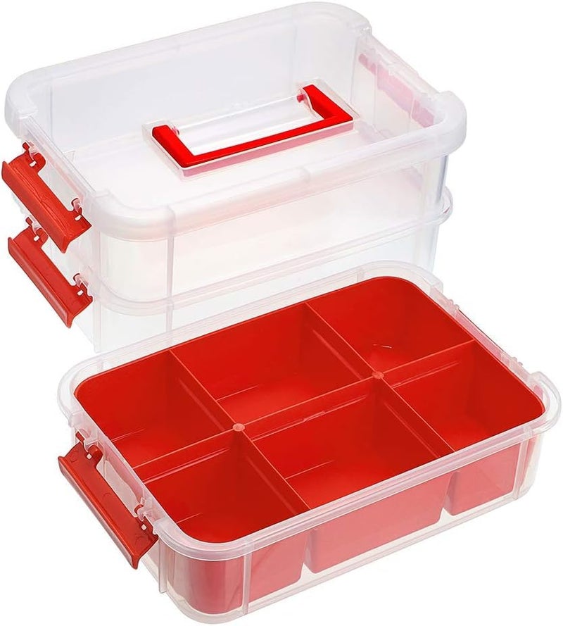 HOLLIO plastic boxes for Storage transparent boxes for storage, Portable & Stackable Space Saving Organiser with Lid for Medicine, Jewelry, Arts & Crafts, Buttons, Beads (Red, 3 TIER WITH 1 TRAY) - Image 3
