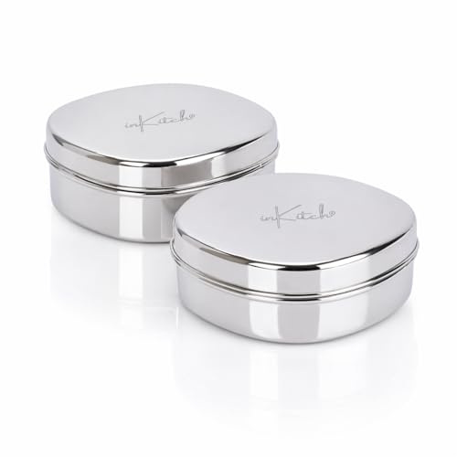 inKitch Stainless Steel Designer Storage Containers Box | Kitchen Dabba | Food Grade Canister Set, Storage & Puri Box Set, Dabba for Hot & Fridge Storage Set of 2Pcs, 12.5 cm Dia 550ml - Image 1
