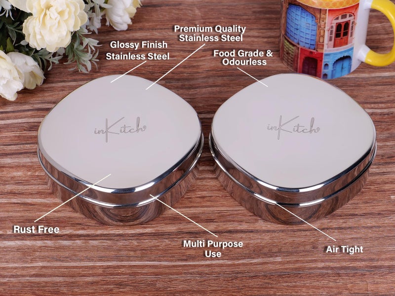 inKitch Stainless Steel Designer Storage Containers Box | Kitchen Dabba | Food Grade Canister Set, Storage & Puri Box Set, Dabba for Hot & Fridge Storage Set of 2Pcs, 12.5 cm Dia 550ml - Image 5