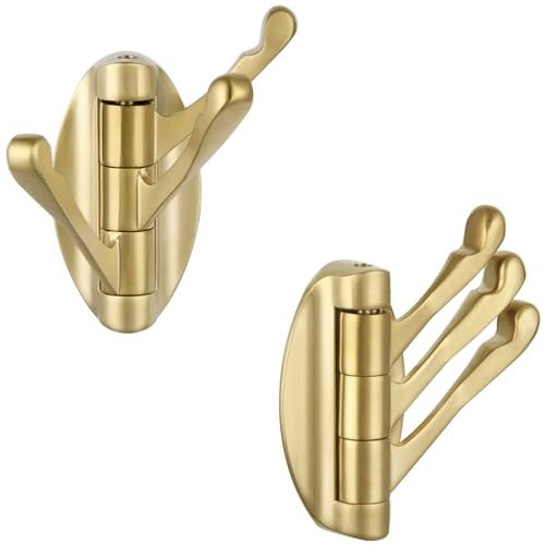 Angle Simple Swivel Towel Hook Brushed Gold 2 PCS, Metal Folding Bathroom Hook, Bath Towel Holder, Heavy Duty Robe Clothes Hanger for Bathroom RV Wall Mount - Image 1