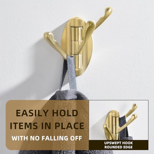 Angle Simple Swivel Towel Hook Brushed Gold 2 PCS, Metal Folding Bathroom Hook, Bath Towel Holder, Heavy Duty Robe Clothes Hanger for Bathroom RV Wall Mount - Image 4