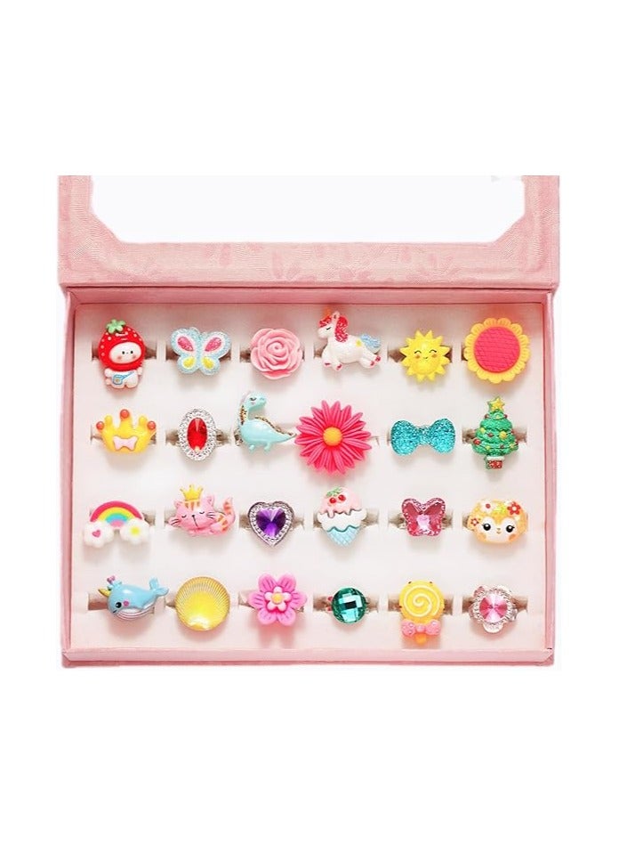PinkSheep خواتم جواهر للبنات الصغيرات في علبة، قابلة للتعديل، بدون تكرار، خواتم للعب التظاهر وارتداء الملابس (24 خاتم جميل) - Image 1