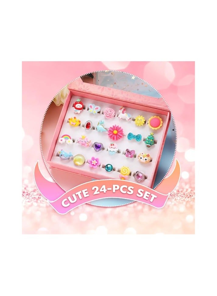 PinkSheep خواتم جواهر للبنات الصغيرات في علبة، قابلة للتعديل، بدون تكرار، خواتم للعب التظاهر وارتداء الملابس (24 خاتم جميل) - Image 3