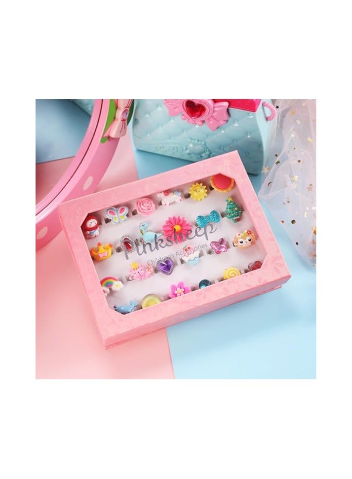 PinkSheep خواتم جواهر للبنات الصغيرات في علبة، قابلة للتعديل، بدون تكرار، خواتم للعب التظاهر وارتداء الملابس (24 خاتم جميل) - Image 2
