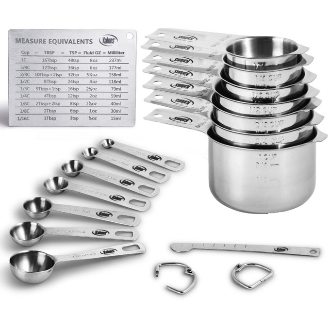 STAINLESS STEEL MEASURING CUPS MEASURING SPOONS16 PIECE MEASURING CUPS AND SPOONS SET INCLUDES LEVELER AND MEASUREMENTS CARD HEAVYDUTY HEAT AND RUST RESISTANT