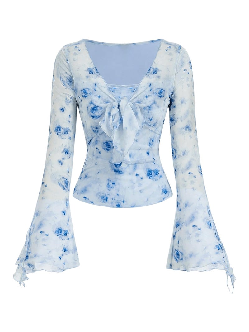 Verdusa Women's Y2K Cute Bell Sleeve Tops Floral Print Mesh Summer Long Sleeve Going Out Tops 2000s Clothing Blue Medium - Image 1