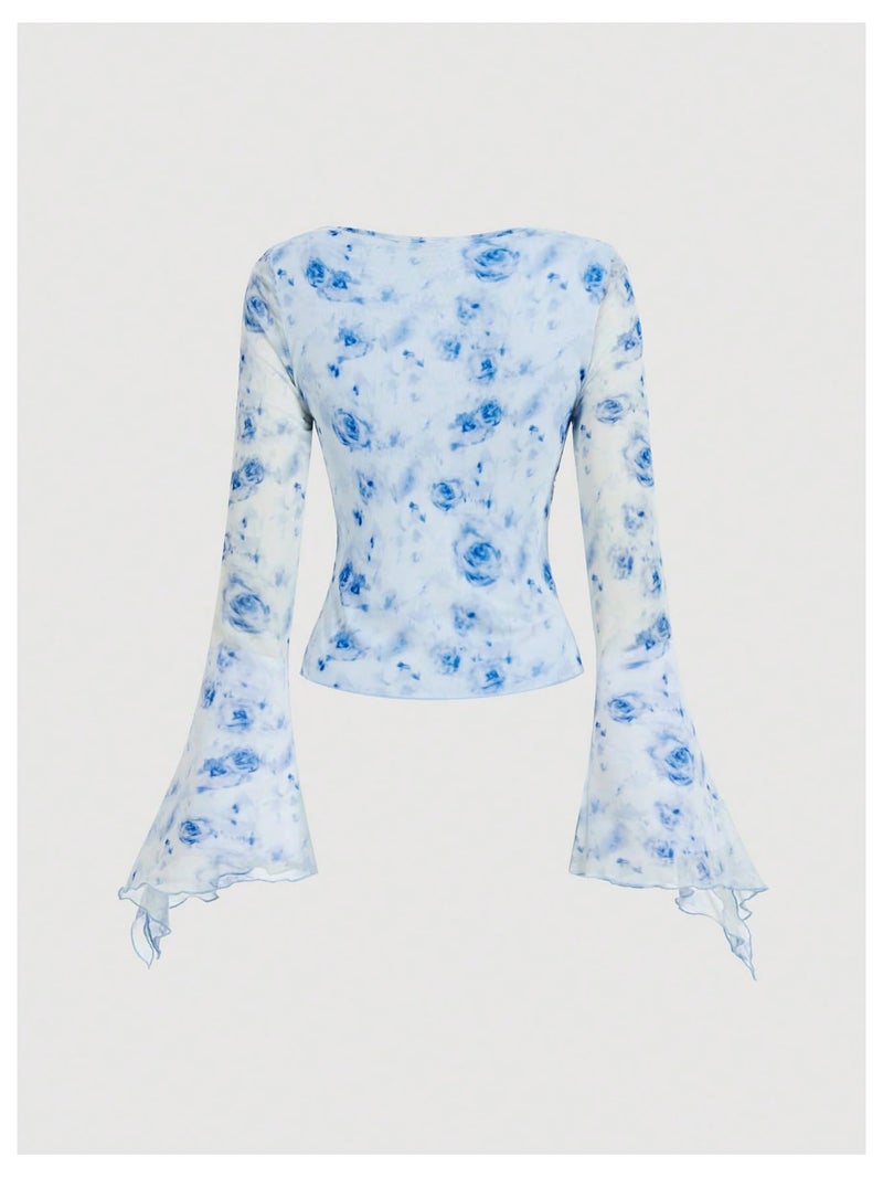 Verdusa Women's Y2K Cute Bell Sleeve Tops Floral Print Mesh Summer Long Sleeve Going Out Tops 2000s Clothing Blue Medium - Image 2