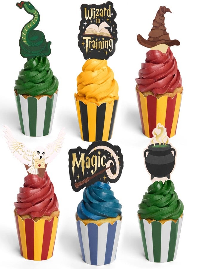 xo, Fetti Wizard in Training Cupcake Toppers + Wrappers - Set of 24 | Kids Cake Decoration, Magic Party Decor, Sorcerer Supplies, Dessert Accessory - Image 1