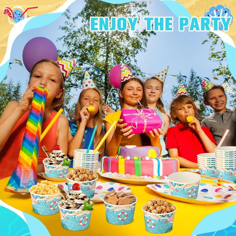 Hsei 50 Pcs 16oz Beach Party Supplies Ice Cream Cups Hawaiian Sandbeach Party Supplies Disposable Paper Snack Bowls Dessert Yogurt Cup for Summer Birthday Party Decorations for Hot Cold Drink - Image 5