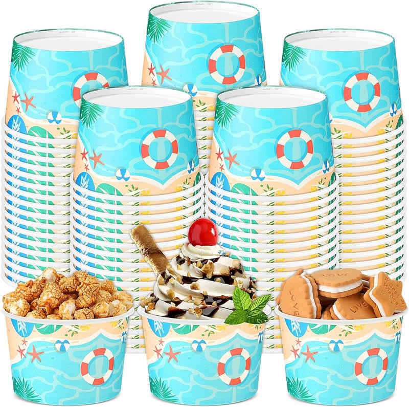 Hsei 50 Pcs 16oz Beach Party Supplies Ice Cream Cups Hawaiian Sandbeach Party Supplies Disposable Paper Snack Bowls Dessert Yogurt Cup for Summer Birthday Party Decorations for Hot Cold Drink - Image 1