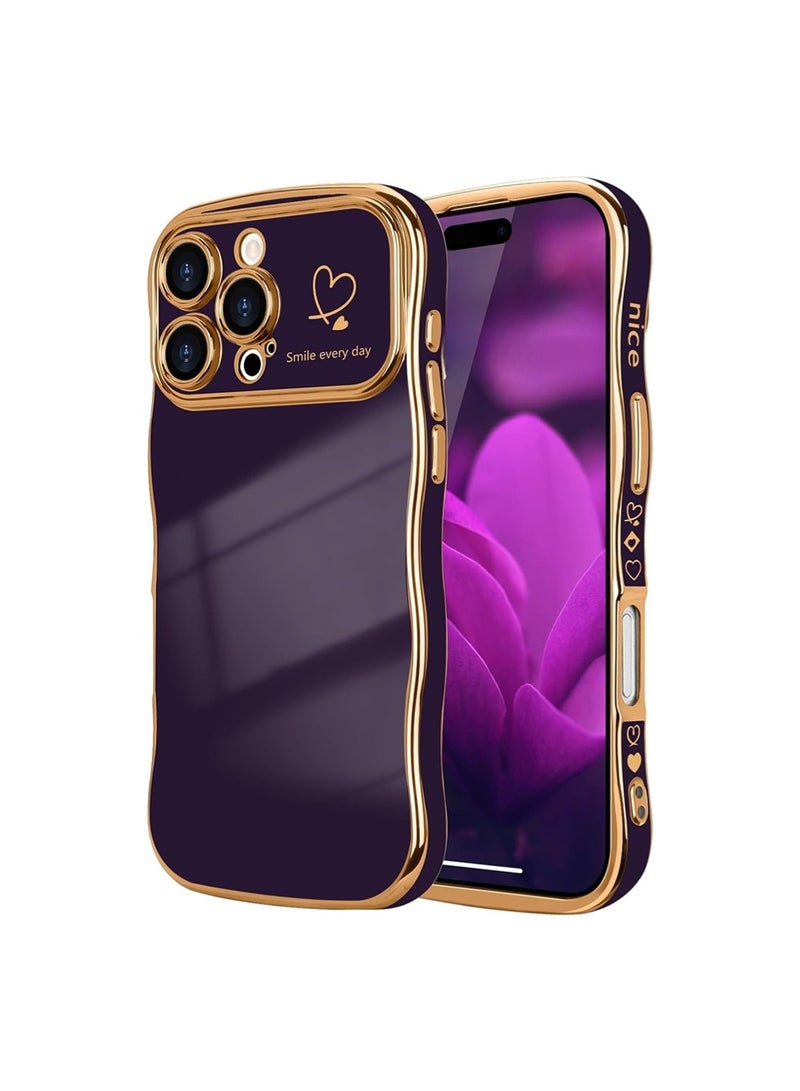 WRISTWISE Case Cover for iPhone 16 Pro, Cute Wave Frame Curly Shape with Love Heart Pattern Raised Camera Protection Cover Luxury Plating Shockproof Phone Case for iPhone 16 Pro, Purple - Image 1