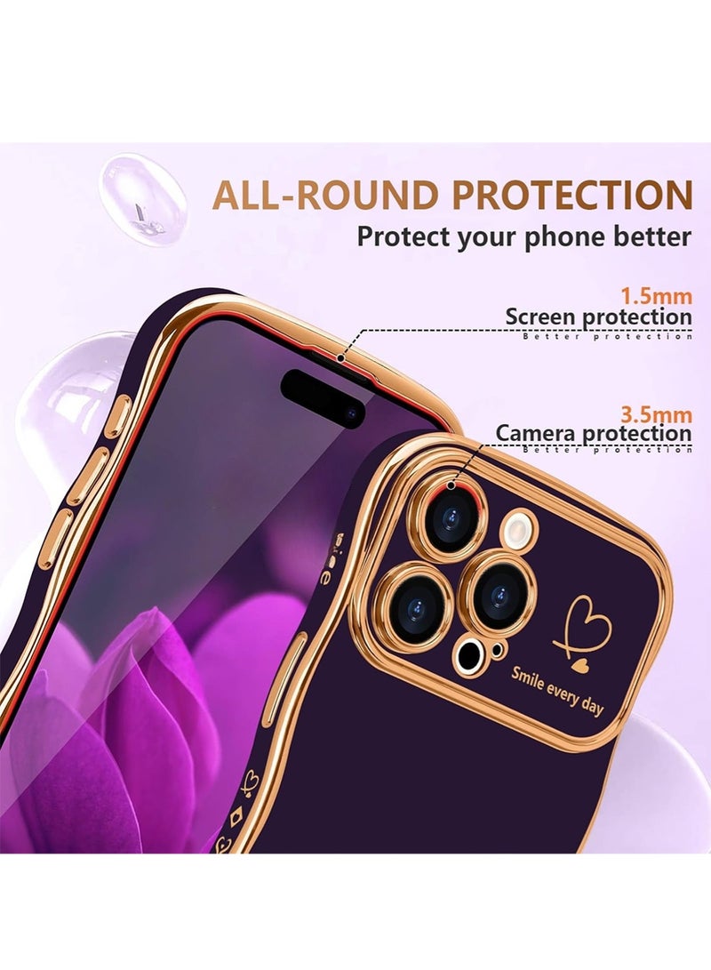 WRISTWISE Case Cover for iPhone 16 Pro, Cute Wave Frame Curly Shape with Love Heart Pattern Raised Camera Protection Cover Luxury Plating Shockproof Phone Case for iPhone 16 Pro, Purple - Image 4