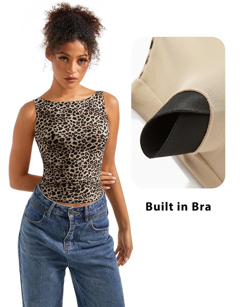 SUUKSESS Women Built in Bra Open Back Boat Neck Tank Tops Double Lined Backless Y2K Going Out Top Basic Shirt (Cheetah Print,L) - Image 3