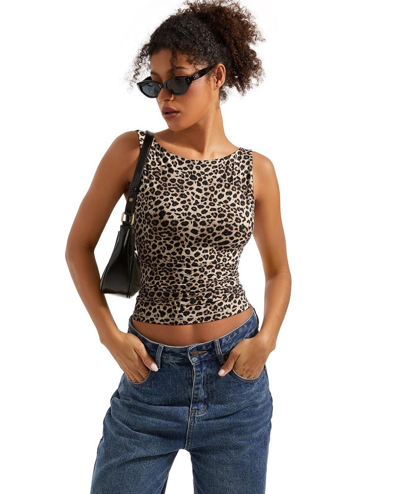 SUUKSESS Women Built in Bra Open Back Boat Neck Tank Tops Double Lined Backless Y2K Going Out Top Basic Shirt (Cheetah Print,L) - Image 4