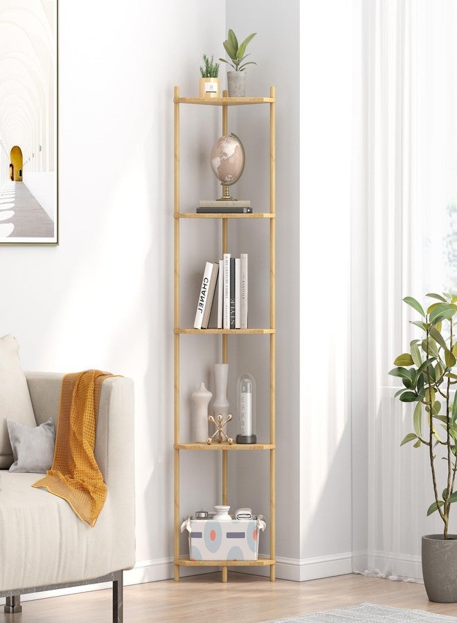 Wisuce Corner Shelf Stand - 5 Tier Natural Bamboo Small Corner Bookshelf for Office Kitchen Bedroom Plant Stand Living Room Decor Small Space - Image 3