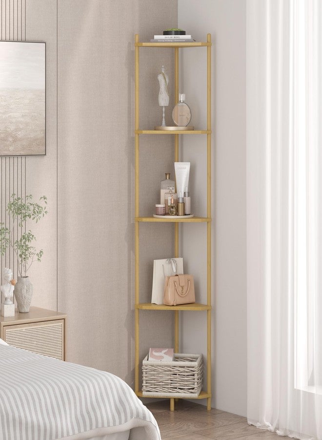 Wisuce Corner Shelf Stand - 5 Tier Natural Bamboo Small Corner Bookshelf for Office Kitchen Bedroom Plant Stand Living Room Decor Small Space - Image 4