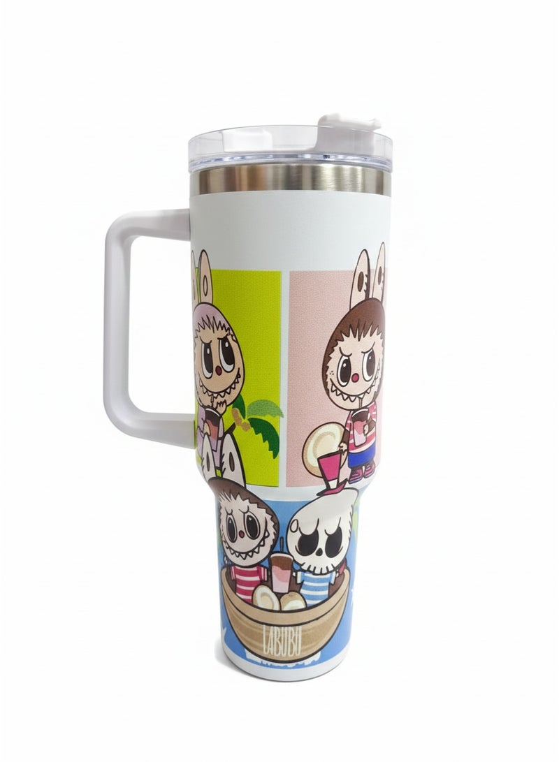 كوب ستانلي الحراري سعة 1200 مل بمقبض - كوب من الفولاذ المقاوم للصدأ معزول بجدار مزدوج بتقنية التفريغ الهوائي وغطاء، بتصميم كرتوني مطبوع من لابوبو، كوب هدية لطيف وعملي للأطفال والفتيات والمراهقين والاستخدام اليومي - Image 2