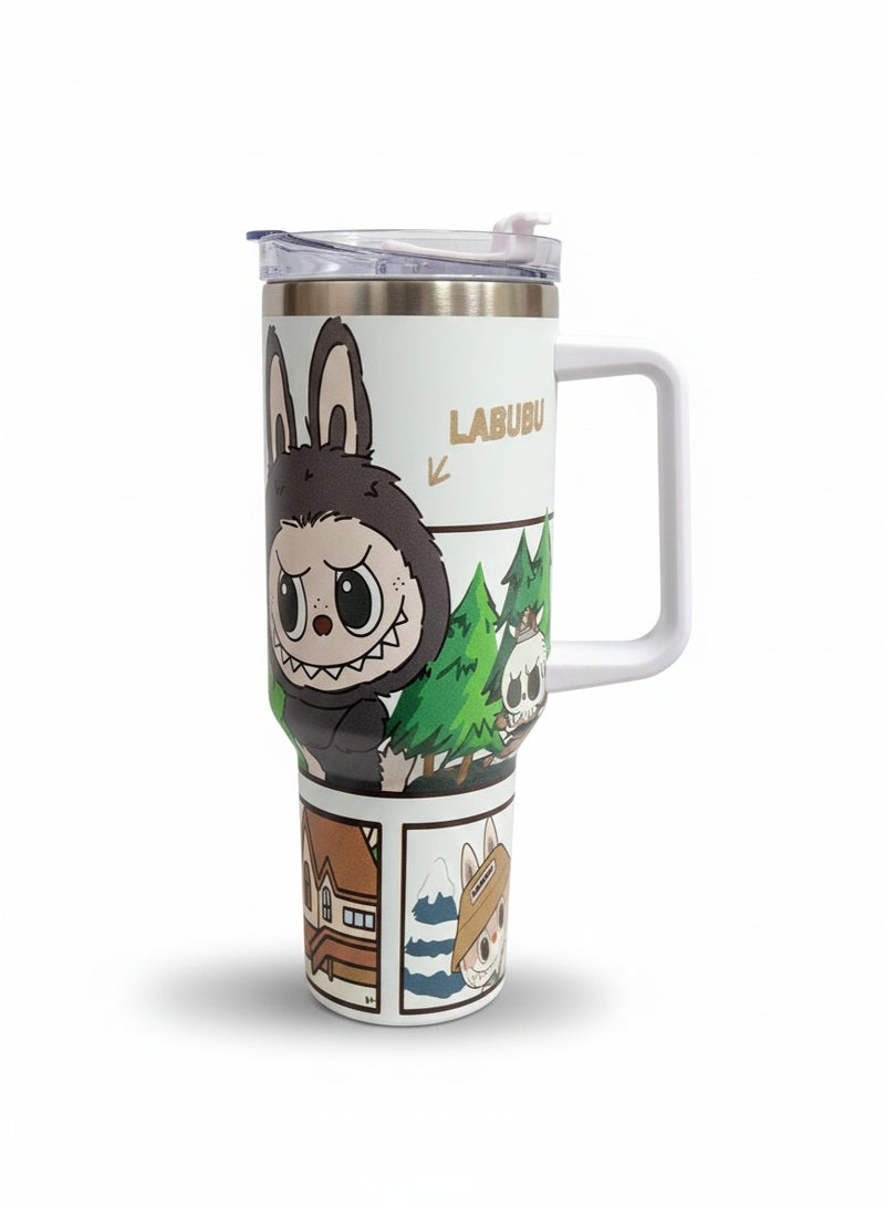 كوب ستانلي الحراري سعة 1200 مل بمقبض - كوب من الفولاذ المقاوم للصدأ معزول بجدار مزدوج بتقنية التفريغ الهوائي وغطاء، بتصميم كرتوني مطبوع من لابوبو، كوب هدية لطيف وعملي للأطفال والفتيات والمراهقين والاستخدام اليومي - Image 1