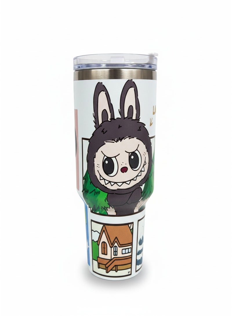 كوب ستانلي الحراري سعة 1200 مل بمقبض - كوب من الفولاذ المقاوم للصدأ معزول بجدار مزدوج بتقنية التفريغ الهوائي وغطاء، بتصميم كرتوني مطبوع من لابوبو، كوب هدية لطيف وعملي للأطفال والفتيات والمراهقين والاستخدام اليومي - Image 3