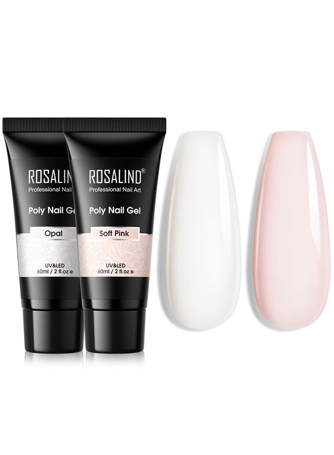 Rosalind Soft Pink&Opal Extension Gel, 2 PCS 60ml Opal Poly Nail Gel kit Soft Pink Nail Builder for Nail Art Decoration, Nail Thickening Poly Nail Gel Tube Easy to DIY Use Need UV Lamp - Image 1