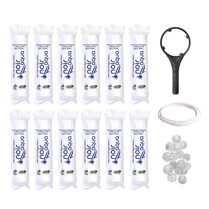 Noir Aqua 12pcs PP Spun Filter 1 Spanner 4 Antiscalant Balls 2mtr Water Pipe for All Types of RO Water Purifiers 12 Piece White 10 Inch 5 Micron RO Spun Filter Cartridge - Image 1
