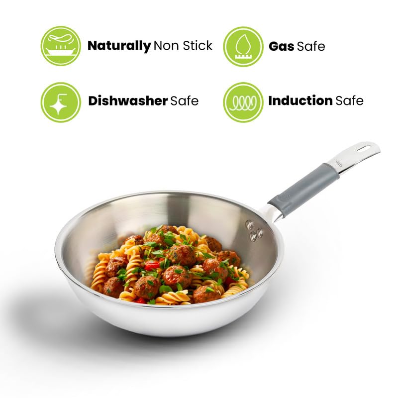 Allo Triply Stainless Steel Wok for Deep Fry/Stir Fry/Dry Veg/Sauté/Chinese Wok Cooking/Noodles Induction Friendly Naturally Non-Stick | 10 Years Warranty, 22Cm, 2 Litre - Image 4