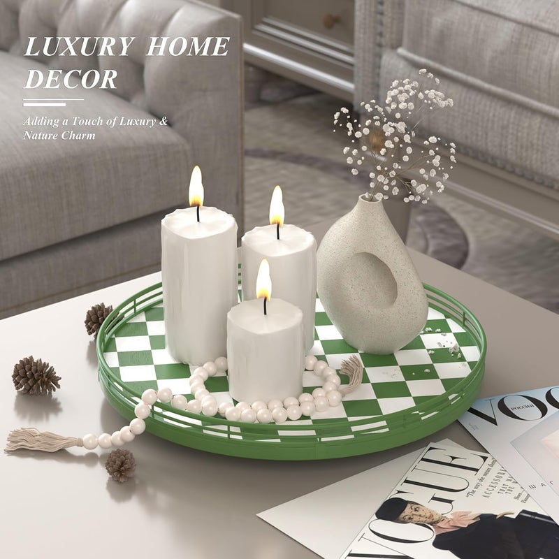 AMH Premium Rubber Wood Lazy Susan Turntable, Green White Checkerboard Decorative Serving Tray, Hand-Welded Metal Railing, Stable Rotating Organizer for Dining Table, Kitchen Counter, Coffee Table Decor - Image 3