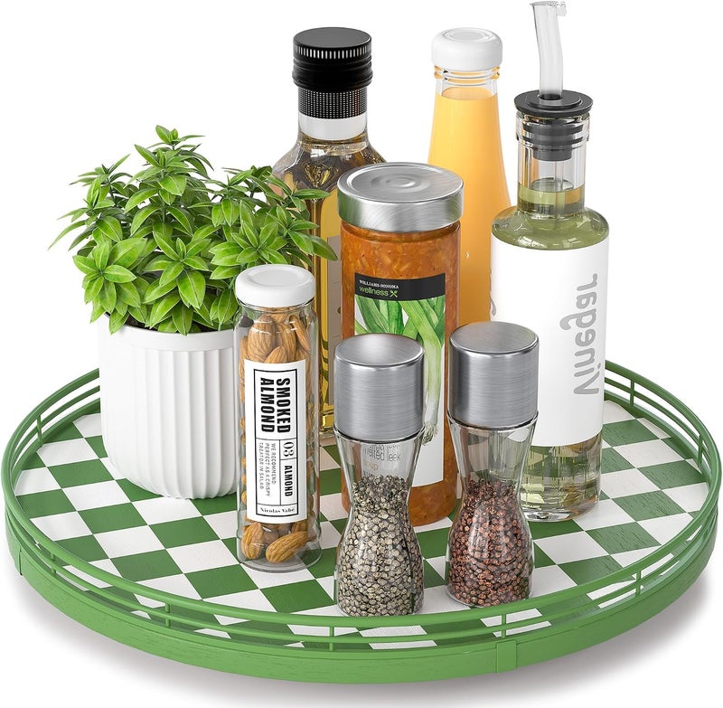 AMH Premium Rubber Wood Lazy Susan Turntable, Green White Checkerboard Decorative Serving Tray, Hand-Welded Metal Railing, Stable Rotating Organizer for Dining Table, Kitchen Counter, Coffee Table Decor - Image 1