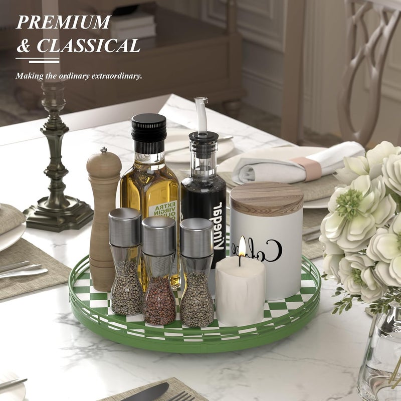 AMH Premium Rubber Wood Lazy Susan Turntable, Green White Checkerboard Decorative Serving Tray, Hand-Welded Metal Railing, Stable Rotating Organizer for Dining Table, Kitchen Counter, Coffee Table Decor - Image 4
