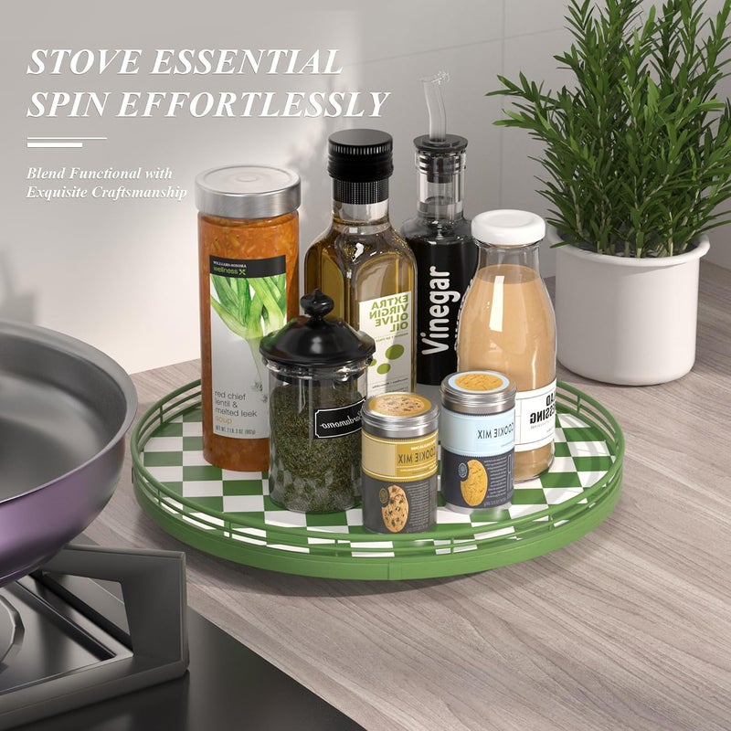 AMH Premium Rubber Wood Lazy Susan Turntable, Green White Checkerboard Decorative Serving Tray, Hand-Welded Metal Railing, Stable Rotating Organizer for Dining Table, Kitchen Counter, Coffee Table Decor - Image 2