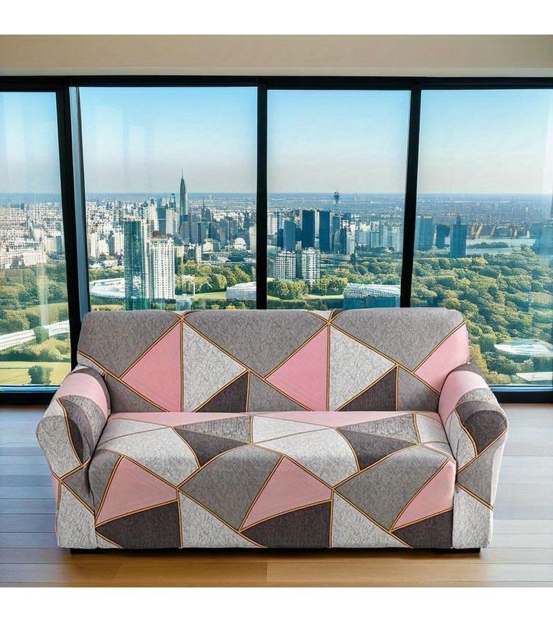 Geometric Pattern Printed Elastic Sofa Cover For 3-Seat Four Seasons Home Use Living Room Combination Concubine Protective Anti Slip L Shaped Cushion Cover Include One Pillowcase Fabric Weight 125g - Image 1