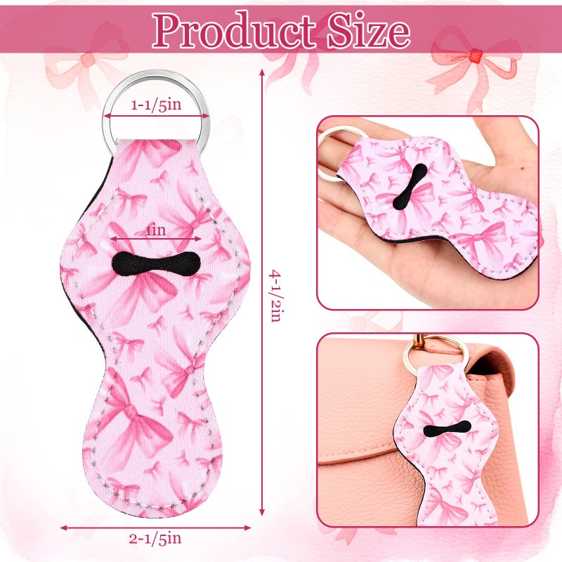 Yookeer 24 Pcs Valentine Coquette Pink Bow Lipstick Holder Keychain Bulk Coquette Party Favor Girly Preppy Lip Gloss Sleeve with Clip Pink Bow Pocket Lip Balm Holder Keychain Accessories Women's Gift - Image 2