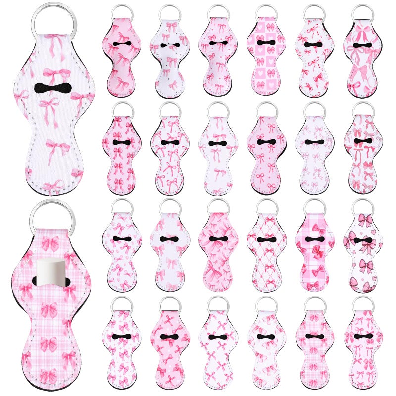 Yookeer 24 Pcs Valentine Coquette Pink Bow Lipstick Holder Keychain Bulk Coquette Party Favor Girly Preppy Lip Gloss Sleeve with Clip Pink Bow Pocket Lip Balm Holder Keychain Accessories Women's Gift - Image 1