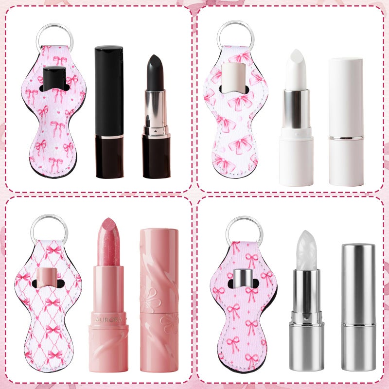 Yookeer 24 Pcs Valentine Coquette Pink Bow Lipstick Holder Keychain Bulk Coquette Party Favor Girly Preppy Lip Gloss Sleeve with Clip Pink Bow Pocket Lip Balm Holder Keychain Accessories Women's Gift - Image 4