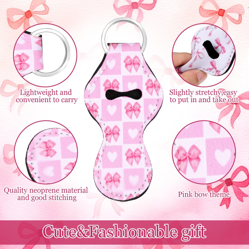 Yookeer 24 Pcs Valentine Coquette Pink Bow Lipstick Holder Keychain Bulk Coquette Party Favor Girly Preppy Lip Gloss Sleeve with Clip Pink Bow Pocket Lip Balm Holder Keychain Accessories Women's Gift - Image 3