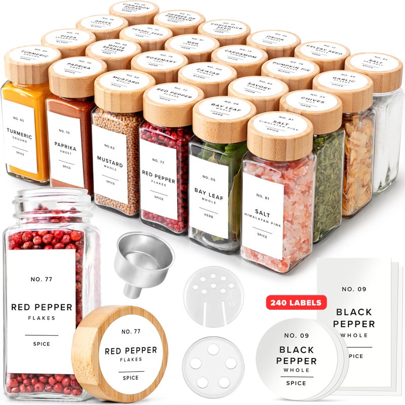 EDELHAUSÂ® Square Spice Jars with Bamboo Wooden Lid (Pack of 24) Spice Jars with Shaker Insert and 240 Labels - Bamboo Lid Glass Container for Spice Organisation [4.3 in Ã— 1.8 in] - Image 1