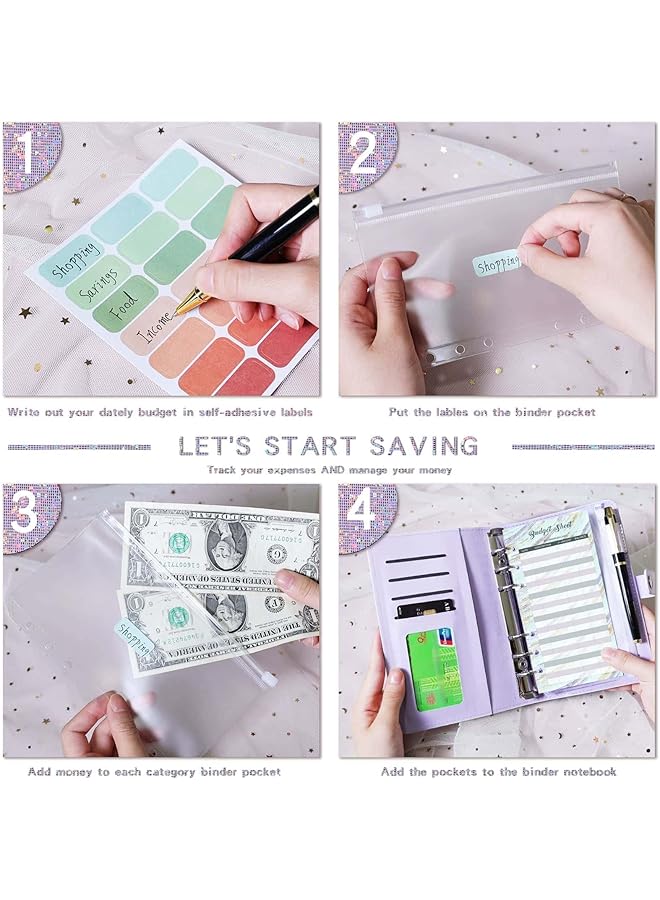 erorex A6 Budget Binder With 12Pcs Zipper Envelopes Gold Foil Budget Card 12 3 Sequin English 21 Labels For Budgeting Small Budget Planner Wallet With Bill Pouches And Expense Budget Sheets Purple  - Image 3