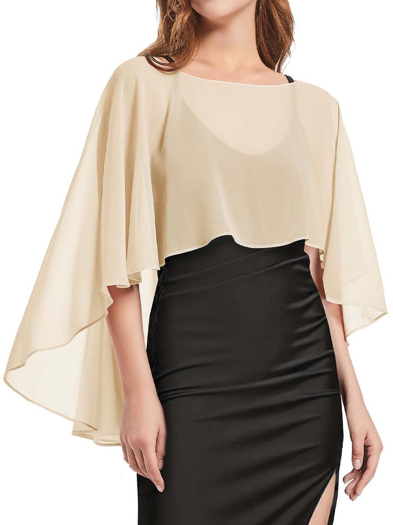 CHICGAL Womens Capelets Shawls and Wraps for Evening Dress Chiffon Capes Wedding Cover Up, Champagne - Image 1