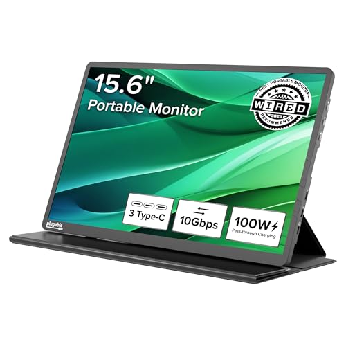 Plugable 15.6" USB-C Portable Monitor with 100W Pass-Through Charging | 2X USB-C 10Gbps Hub | FHD 1920x1080 IPS Display for Mac, Windows, iPad, Smartphone | 1.85lbs, Travel Cover/Stand Included - Image 1