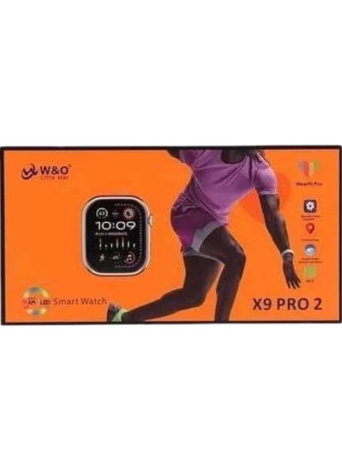 ساعة ذكية x9 pro 2 شحن لاسلكي شاشة تعمل باللمس لنظامي التشغيل IOS وAndroid للرجال والنساء - جولد مع سوار برتقالي