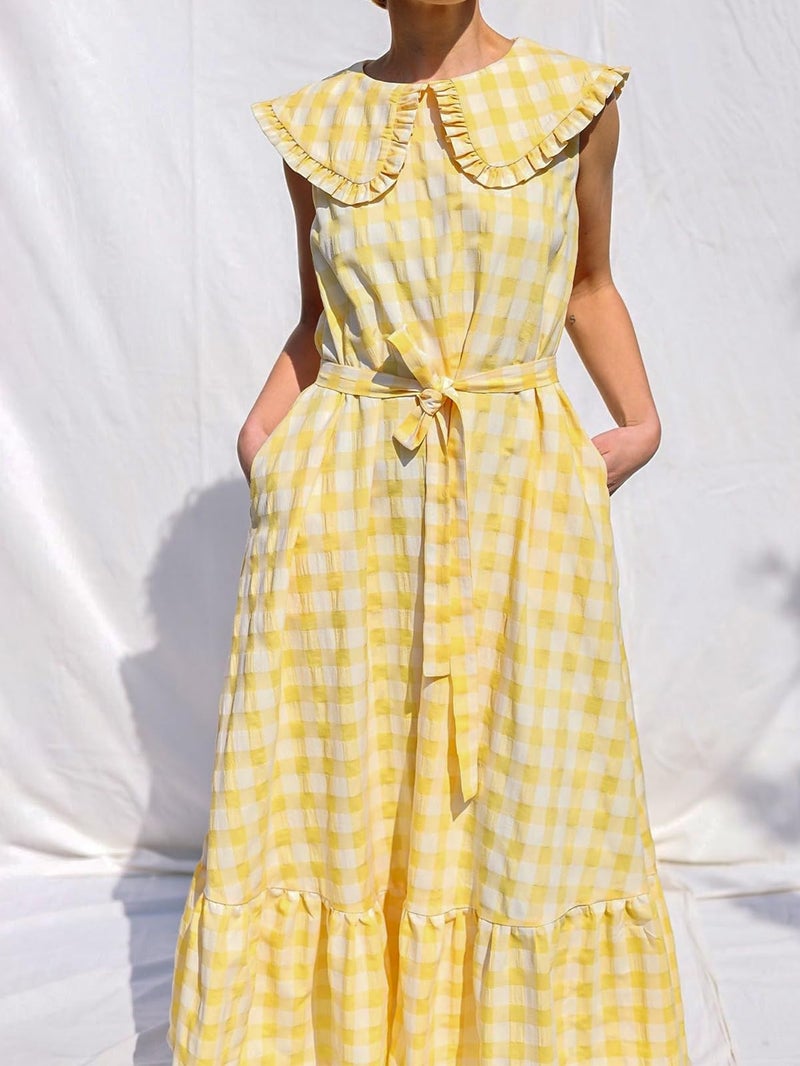HOULENGS Women's Summer Plaid Sleeveless Maxi Dress Casual Ruffle Flowy A-Line Beach Gingham Long Sundress with Pockets Yellow Medium - Image 2
